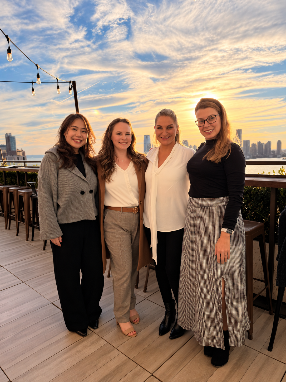 Members of the CORY team together on a rooftop at sunset